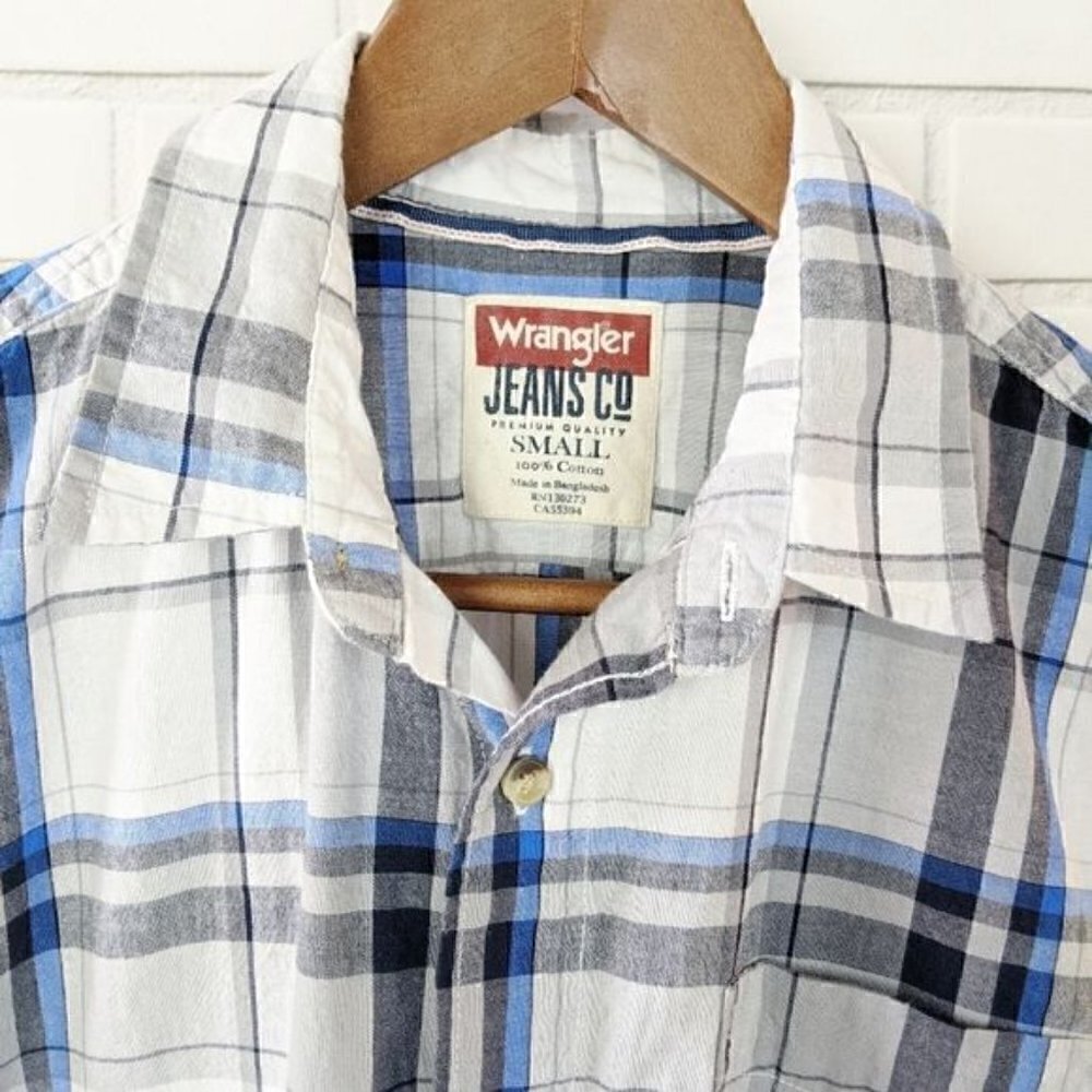 Wrangler‎ Jeans Co Blue Gray Button Up Shirt Men's Small - Picture 2 of 3